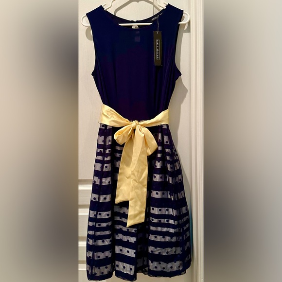 NWT Sleeveless Karin Stevens A-line Party Dress Navy Swiss Dot Tulle Over Stripe - Picture 3 of 3